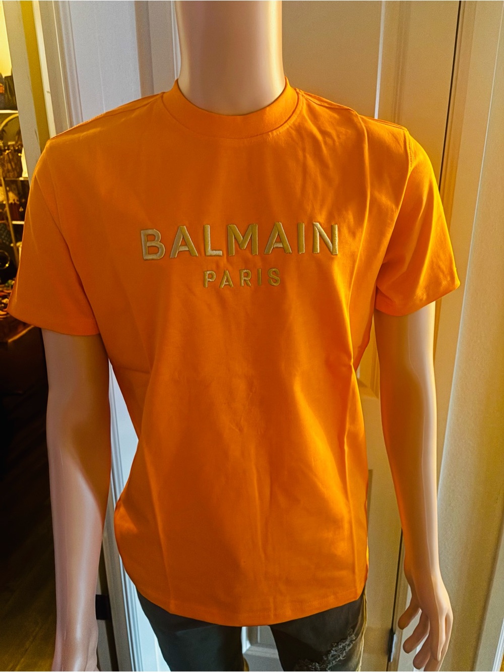 Balmain Orange Crewneck T-Shirt with Gold Logo